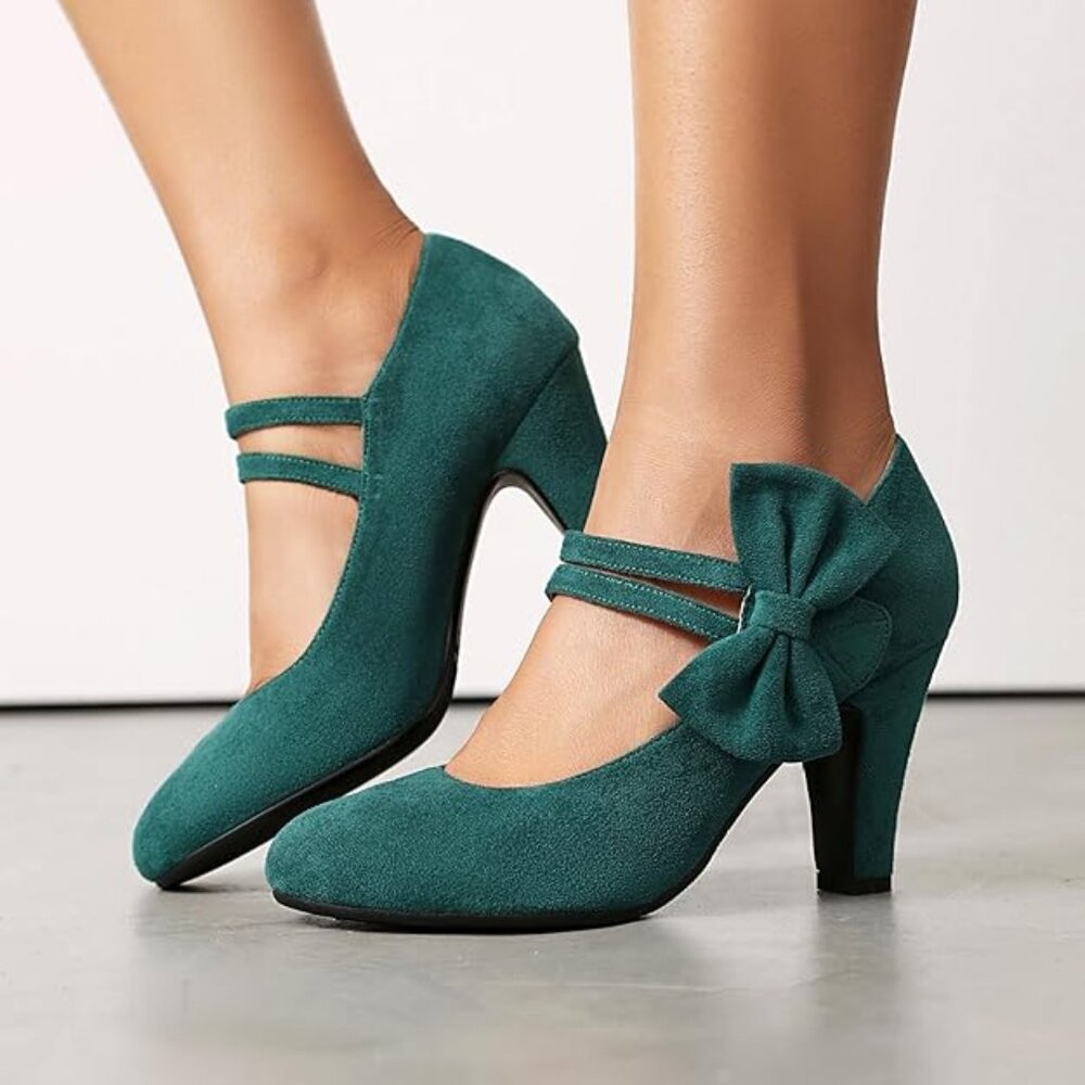 Women's Mary Jane Close Round Toe Vintage Style 1950s Heels Bow Double Straps